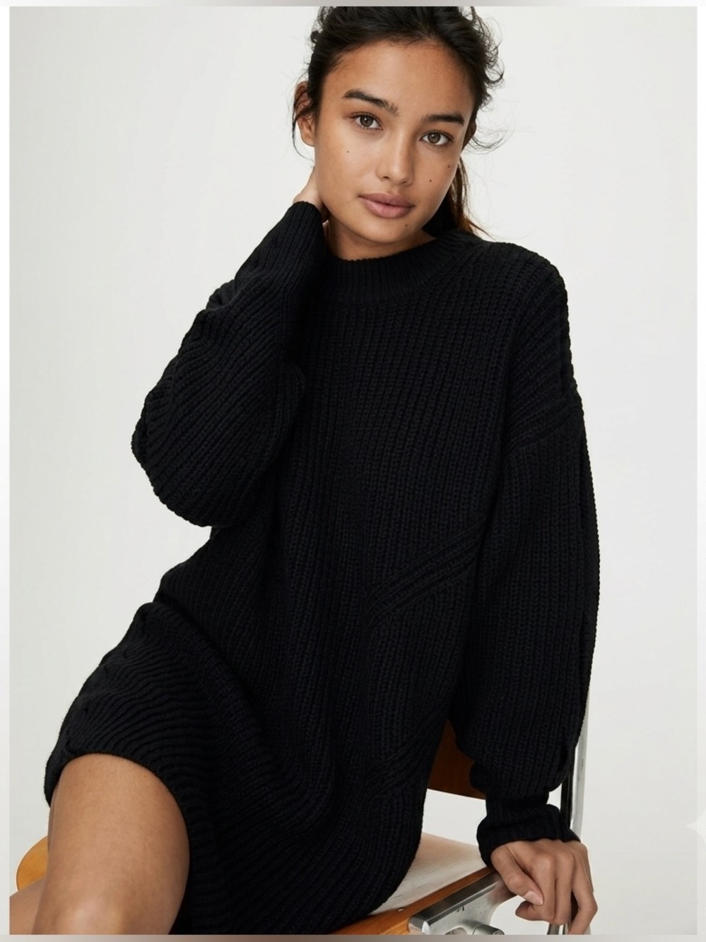 Wilfred Aritzia Black Merino Wool Knit Sweater Dress MockNeck Size XS Cozy Fall